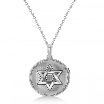 Jewish Star of David Locket Pendant Necklace 14K White Gold