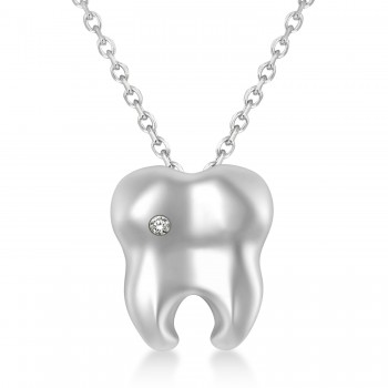 Diamond Inserted Tooth Pendant Necklace 14k White Gold