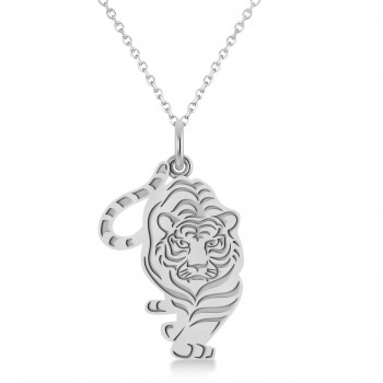 Tiger Shaped Charm Pendant Necklace 14k White Gold