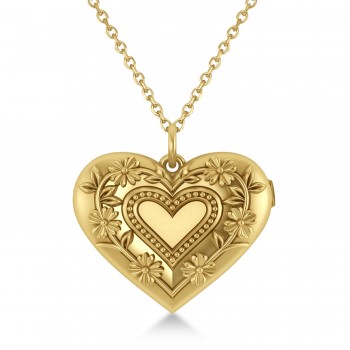 Floral Heart Locket Necklace 14k Yellow Gold