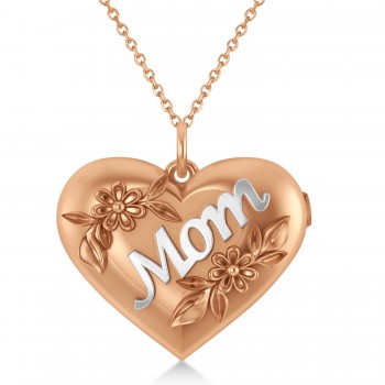 Flower Adorned Mom Heart Locket Necklace 14k Rose Gold