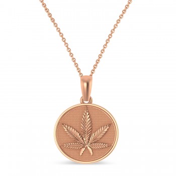 Marijuana Leaf Charm Disk Pendant Necklace 14K Rose Gold
