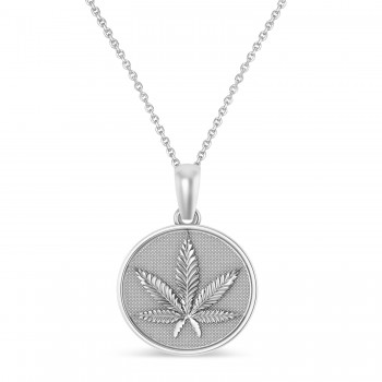 Marijuana Leaf Charm Disk Pendant Necklace 14K White Gold