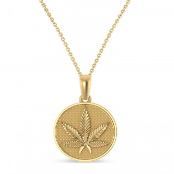 Marijuana Leaf Charm Disk Pendant Necklace 14K Yellow Gold