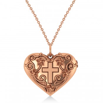 Heart with Cross Locket Pendant Necklace 14K Rose Gold