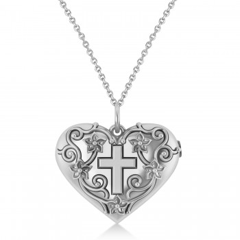 Heart with Cross Locket Pendant Necklace 14K White Gold