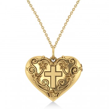 Heart with Cross Locket Pendant Necklace 14K Yellow Gold