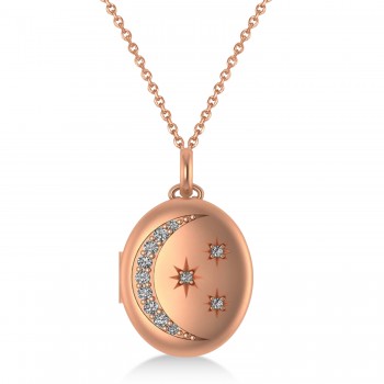 Diamond Moon & Stars Locket Pendant Necklace 14K Rose Gold (0.29ct)