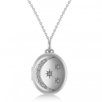 Diamond Moon & Stars Locket Pendant Necklace 14K White Gold (0.29ct)