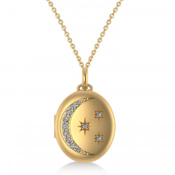 Diamond Moon & Stars Locket Pendant Necklace 14K Yellow Gold (0.29ct)