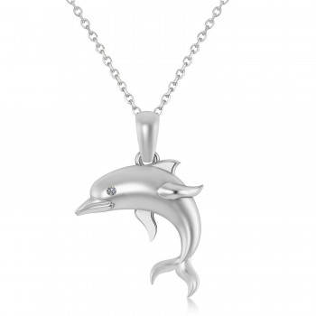 Diamond-Eyed Dolphin Pendant Necklace 14k White Gold (0.01ct)