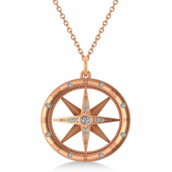 Large Compass Necklace Pendant For Men Diamond Accented 14kRose Gold (0.38ct)