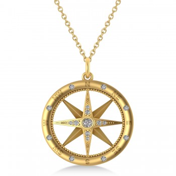 Large Compass Necklace Pendant For Men Diamond Accented 14k Yellow Gold (0.38ct)