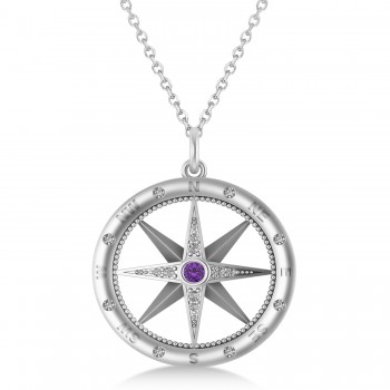 Large Compass Pendant For Men Amethyst & Diamond Accented 14k White Gold (0.38ct)