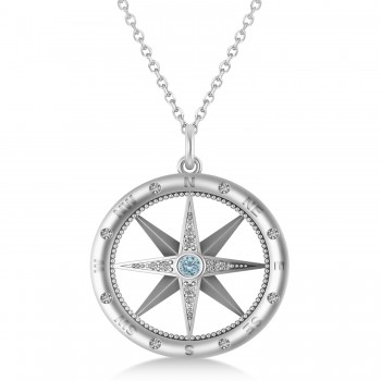 Large Compass Pendant For Men Aquamarine & Diamond Accented 14k White Gold (0.38ct)