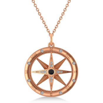 Large Compass Pendant For Men Black & White Diamond Accented 14k Rose Gold (0.38ct)
