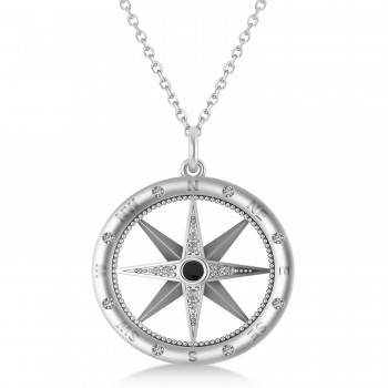 Large Compass Pendant For Men Black & White Diamond Accented 14k White Gold (0.38ct)