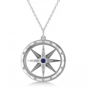 Large Compass Pendant For Men Blue Sapphire & Diamond Accented 14k White Gold (0.38ct)