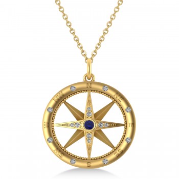 Compass Pendant For Men Blue Sapphire & Diamond Accented 14k Yellow Gold (0.38ct)
