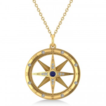 Large Compass Pendant For Men Blue Sapphire & Diamond Accented 14k Yellow Gold (0.38ct)