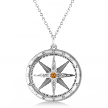 Large Compass Pendant For Men Citrine & Diamond Accented 14k White Gold (0.38ct)