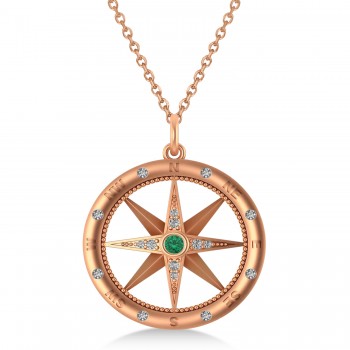 Large Compass Pendant For Men Emerald & Diamond Accented 14k Rose Gold (0.38ct)