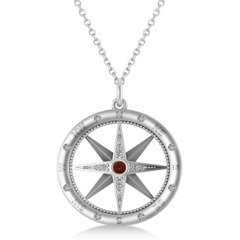 Large Compass Pendant For Men Garnet & Diamond Accented 14k White Gold (0.38ct)