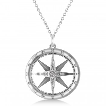 Large Compass Necklace Pendant For Men Lab Grown Diamond Accented 14k White Gold (0.38ct)