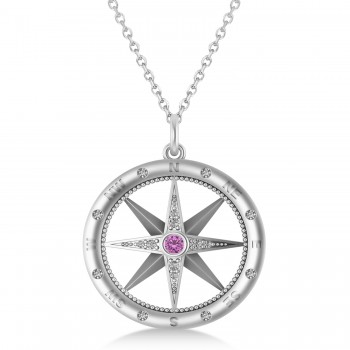 Large Compass Pendant For Men Pink Sapphire & Diamond Accented 14k White Gold (0.38ct)