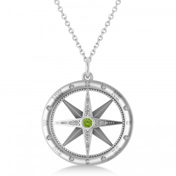 Large Compass Pendant For Men Peridot & Diamond Accented 14k White Gold (0.38ct)