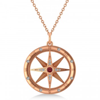 Large Compass Pendant For Men Ruby & Diamond Accented 14k Rose Gold (0.38ct)
