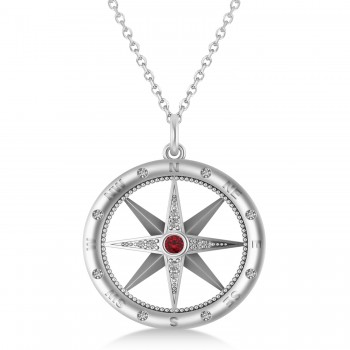 Large Compass Pendant For Men Ruby & Diamond Accented 14k White Gold (0.38ct)