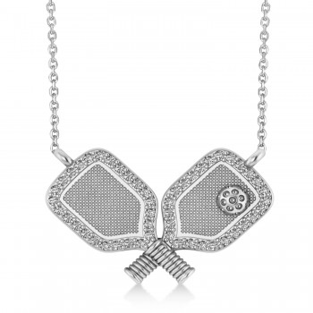 Diamond Large Dual  Pickleball Paddle Pendant Necklace 14K White Gold (0.50ct)
