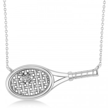 Tennis Racket with Diamond Ball Pendant Necklace 14k White Gold (0.05ct)