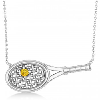 Tennis Racket with Yellow Sapphire Ball Pendant Necklace 14K White Gold (0.05ct)