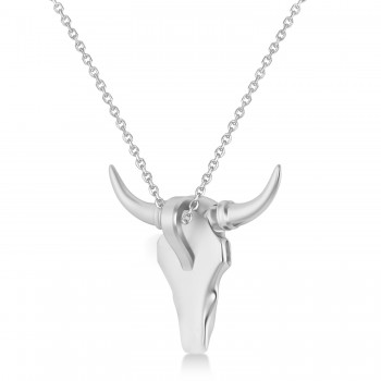 Steer Head Charm Pendant Necklace 14K White Gold