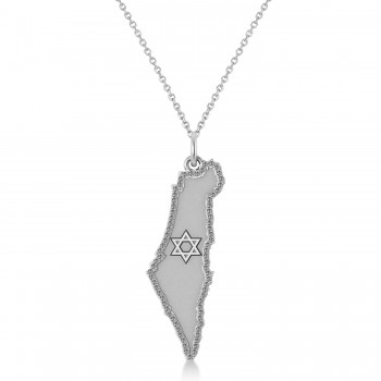 Diamond Accented Israel Map Pendant Necklace 14K White Gold (0.37ct)