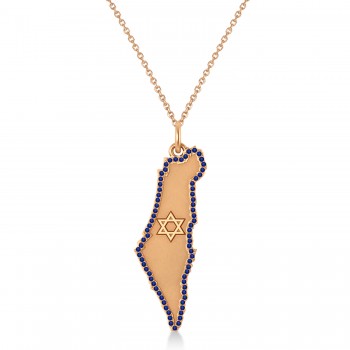 Blue Sapphire Israel Map Pendant Necklace 14K Rose Gold (0.37ct)