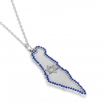 Blue Sapphire Israel Map Pendant Necklace 14K White Gold (0.37ct)