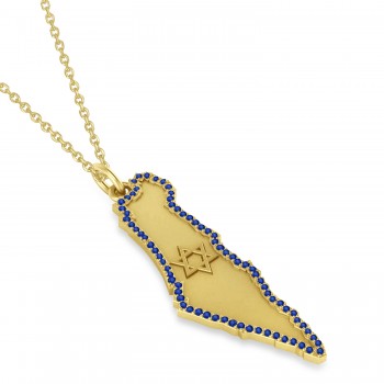 Blue Sapphire Israel Map Pendant Necklace 14K Yellow Gold (0.37ct)