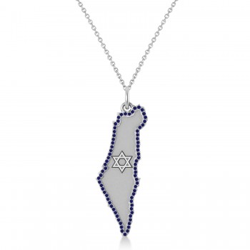 Blue Sapphire Israel Map Pendant Necklace in Sterling Silver (0.37ct)