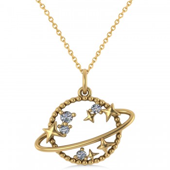 Diamond Planet & Stars Beaded Pendant Necklace 14K Yellow Gold (0.25ct)