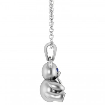 Blue Sapphire Teddy Bear Charm Pendant Necklace 14K White Gold (0.12ct)