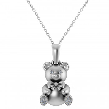 Diamond Teddy Bear Charm Pendant Necklace 14K White Gold (0.07ct)