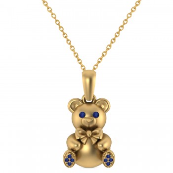 Blue Sapphire Teddy Bear Charm Pendant Necklace 14K Yellow Gold (0.12ct)