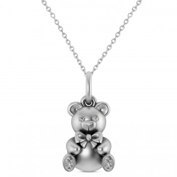 Diamond Teddy Bear Charm Pendant Necklace 14K White Gold (0.04ct)