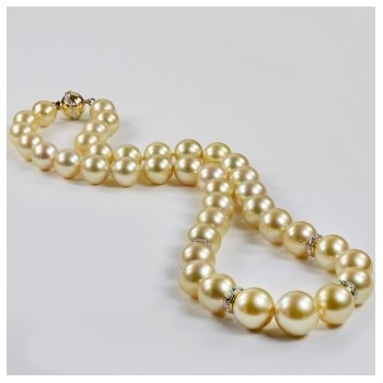 Golden South Sea Pearl Strand Necklace w/ Diamonds 14k Y Gold 10-13mm