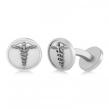 Men's Caduceus Medical Symbol Cufflinks 14k White Gold