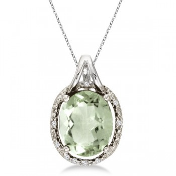 Custom-Made Oval Green Amethyst & Diamond Pendant Necklace 14k White Gold (4.00ct)