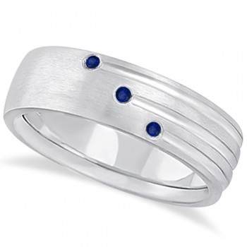 Mens Shooting Star Blue Sapphire Wedding Ring Band 14k White Gold (0.15ct)